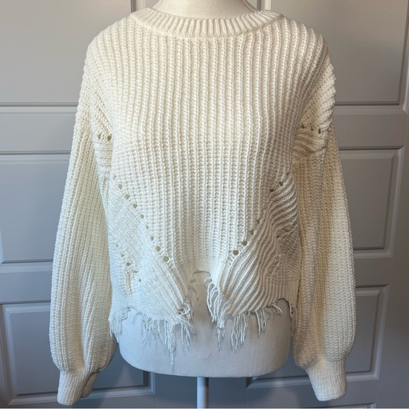 Distressed Fringed Cream Knit Sweater Pullover Balloon Sleeve Fashion Top - Picture 1 of 8